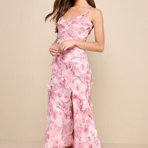 Lulus Dreamy Personality Pink Floral Ruffled Sleeveless Midi Dress - Size L